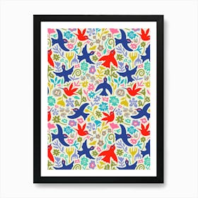 BIRDWATCHING LOVE Colourful Cute Birds Hummingbirds Flowers Mushrooms in Rainbow Colours Art Print