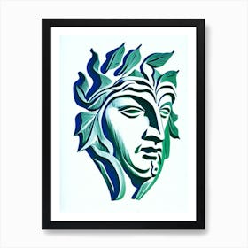 Green Man 1 Symbol Blue And White Line Drawing Art Print