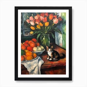 Flower Vase Lilies With A Cat 2 Impressionism, Cezanne Style Art Print