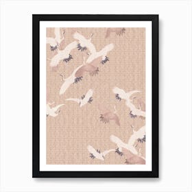 Vintage Japanese Egret Birds Flight Pastel Terra Art Print