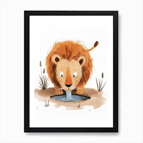 African Lion Drinking From A Watering Hole Clipart 3 Art Print
