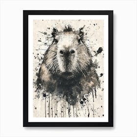 Aesthetic Capybara Watercolor Black Ink Splatter Art Print