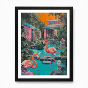 Retro Flamingoes In A Garden 1 Art Print