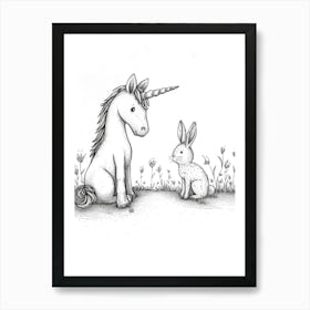 Unicorn And Bunny Friends Black And White Doodle 3 Art Print