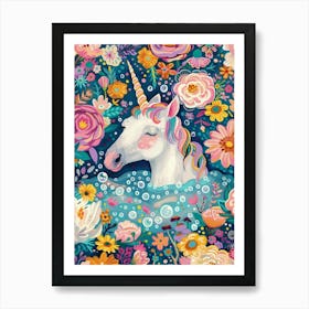 Unicorn In A Bubble Bath Spring Floral Art Print