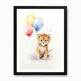 Playing With Balloons Car Watercolour Lion Art Painting 2 Art Print