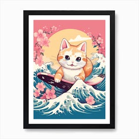 Kawaii Cat Drawings Surfing 2 Art Print