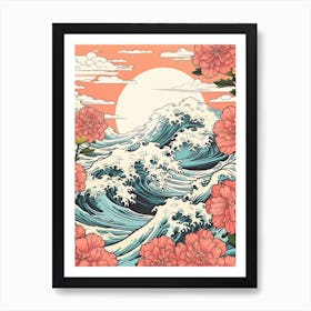Great Wave With Cosmos Flower Drawing In The Style Of Ukiyo E 3 Art Print
