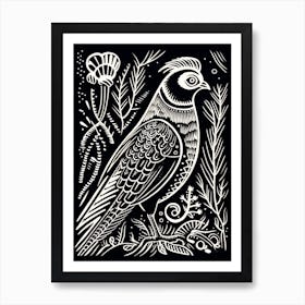 B&W Bird Linocut Pheasant 4 Art Print