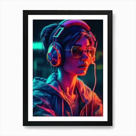 Neon Girl With Headphones 2 Art Print