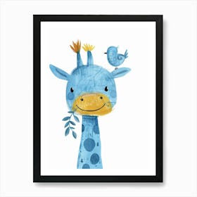 Small Joyful Giraffe With A Bird On Its Head Art Print