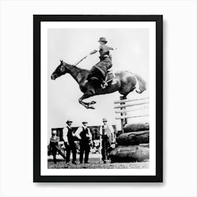 Horse Jumping Over Fence, Western Aesthetic, Vintage Black and White Old Photo 1 Art Print