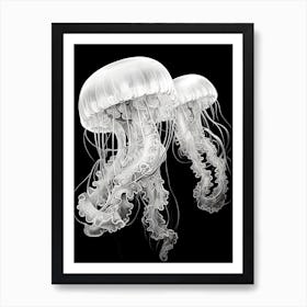 Jellyfishes Black And White Drawing Art Print