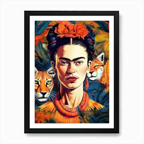 Frida  portrait illustration with wild cats Art Print