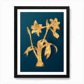 Vintage Brazilian Amaryllis Botanical in Gold on Teal Blue n.0169 Art Print