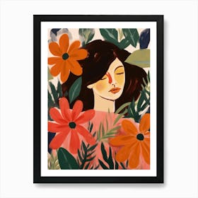 Woman With Autumnal Flowers Poinsettia Art Print