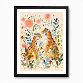 Folksy Floral Animal Drawing Jaguar 4 Art Print