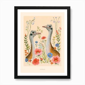 Folksy Floral Animal Drawing Ostrich Poster Art Print
