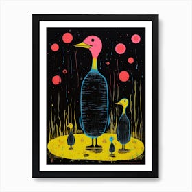 Linocut Inspired Ducks With The Cattails 2 Art Print
