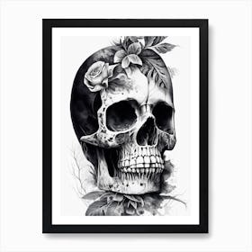 Skull With Watercolor Effects Linocut Art Print