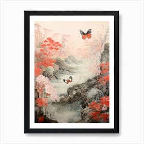 Butterflies By The River Japanese Style Painting 1 Art Print