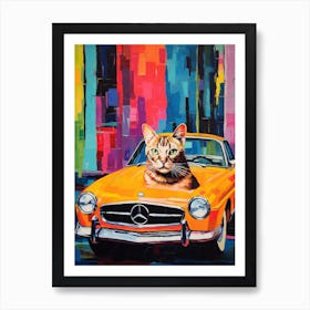 Mercedes Benz Sl Pagoda Vintage Car With A Cat, Matisse Style Painting 0 Art Print