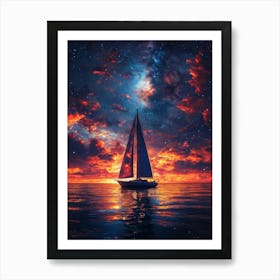 Sailboat In The Sea At Sunset Art Print