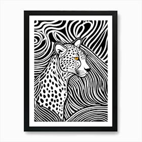 Cheetah Lino cut Black And White Lines art, animal art, 150 Art Print