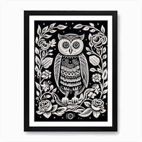 B&W Bird Linocut Owl 4 Art Print