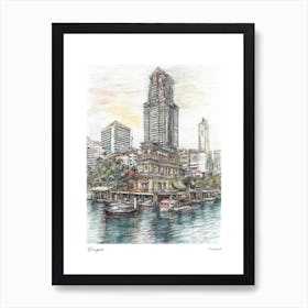 Bangkok Thailand Drawing Pencil Style 4 Travel Poster Art Print