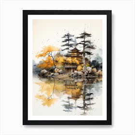 Kinkaku Ji (Golden Pavilion) In Kyoto, Japanese Brush Painting, Ukiyo E, Minimal 4 Art Print