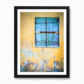 Blue Shutters And Yellow Wall Art Print