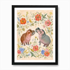 Folksy Floral Animal Drawing Hippo 2 Art Print