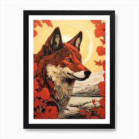 Red Wolf Vintage Woodblock 3 Art Print
