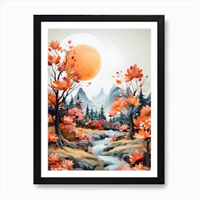 Riverside Reverie Sun Kissed Peaks By The Gentle Stream Art Print