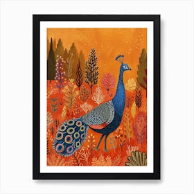 Folky Peacock In The Garden With Patterns 1 Art Print