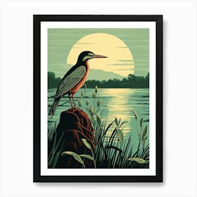 Vintage Bird Linocut Green Heron 4 Art Print