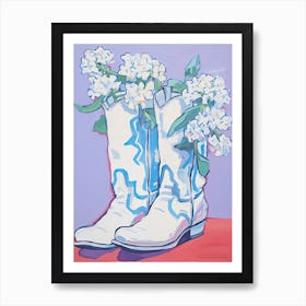 A Painting Of Cowboy Boots With White Flowers, Fauvist Style, Still Life 1 Art Print