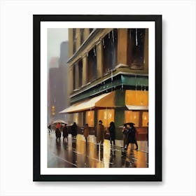 New York City, rain falling, city cafes, passing by, winter, vintage oil colors.9 Art Print