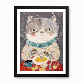 Grey And White Cat Having Breakfast Folk Illustration 3 Art Print