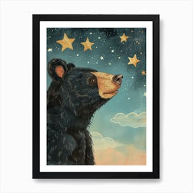 American Black Bear Looking At A Starry Sky Storybook Illustration 4 Art Print