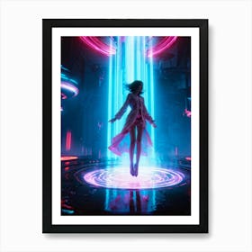 Ethereal Woman Levitating In A Neon Hallucination Inspired Scene Surrounded By Fluid Streams Of Lig Art Print