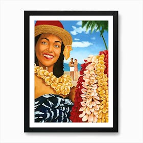 Hula Girl Welcomes You With Flower Wreaths On The Coast Art Print