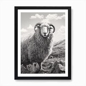 Black & White Illustration Of Highland Sheep With Rocky Landscape Art Print