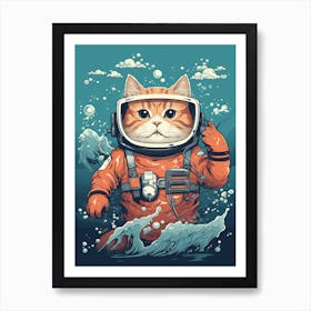 Kawaii Cat Drawings Scuba Diving 2 Art Print