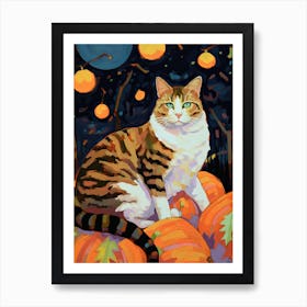 Ginger And With Cat With Pumpkins Oil Painting Art Print