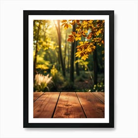 Wooden Table In Autumn Forest Art Print