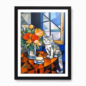 Lisianthus With A Cat 2 Cubism Picasso Style Art Print
