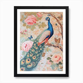 Pastel Peacock With Butterflies Vintage Wallpaper 2 Art Print