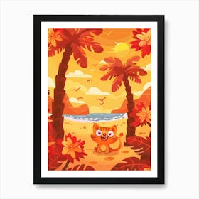 Cartoon Cat On The Beach Art Print